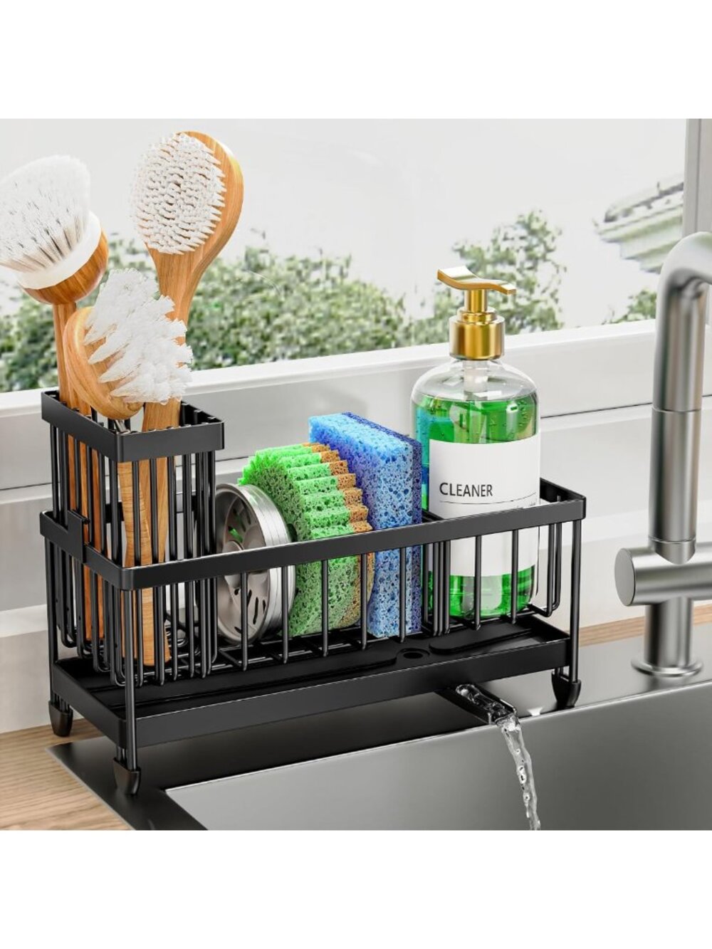 Kitchen Sink Sponge Holder & Organizer with Brush Storage - Space-Saving Design